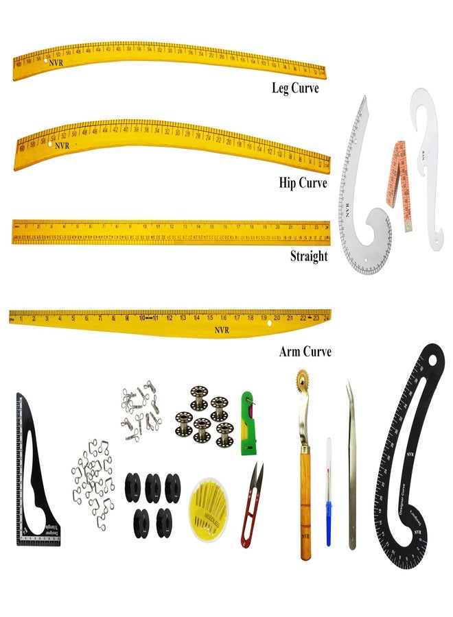 NVR tailroing Combo - 4 Shapes of Scales French Curve, Arm Hole, Armhole Big, Seam Ripper, Measuring Tape and Tringle Bobbin Tape, Cutter, Threader, Needle Pack, Hooks, Hook Eye, - Image 1